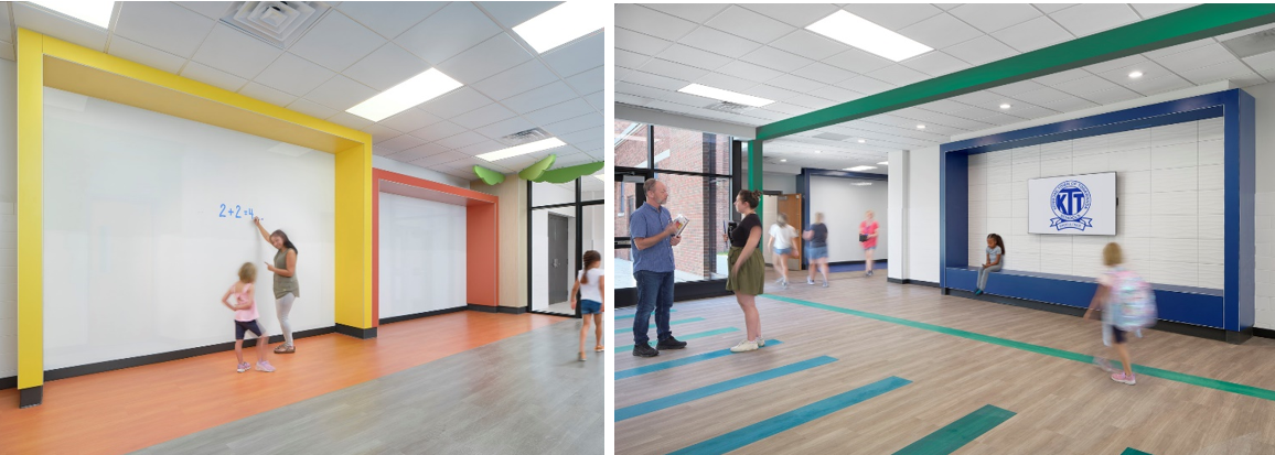 Two images side by side: in the first one, a teacher and student do math equations on a writable wall in a K-12 school hallway. In the second, students and teachers pass by a TV in a main hallway with blue and green accents.