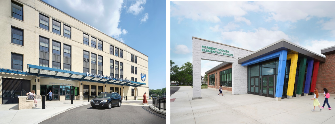 Two images side by side. In the first, high school students await pickup under the canopy at the school's entrance. In the second, elementary students enter their school, welcomed by colorful, crayon-inspired columns near the door.