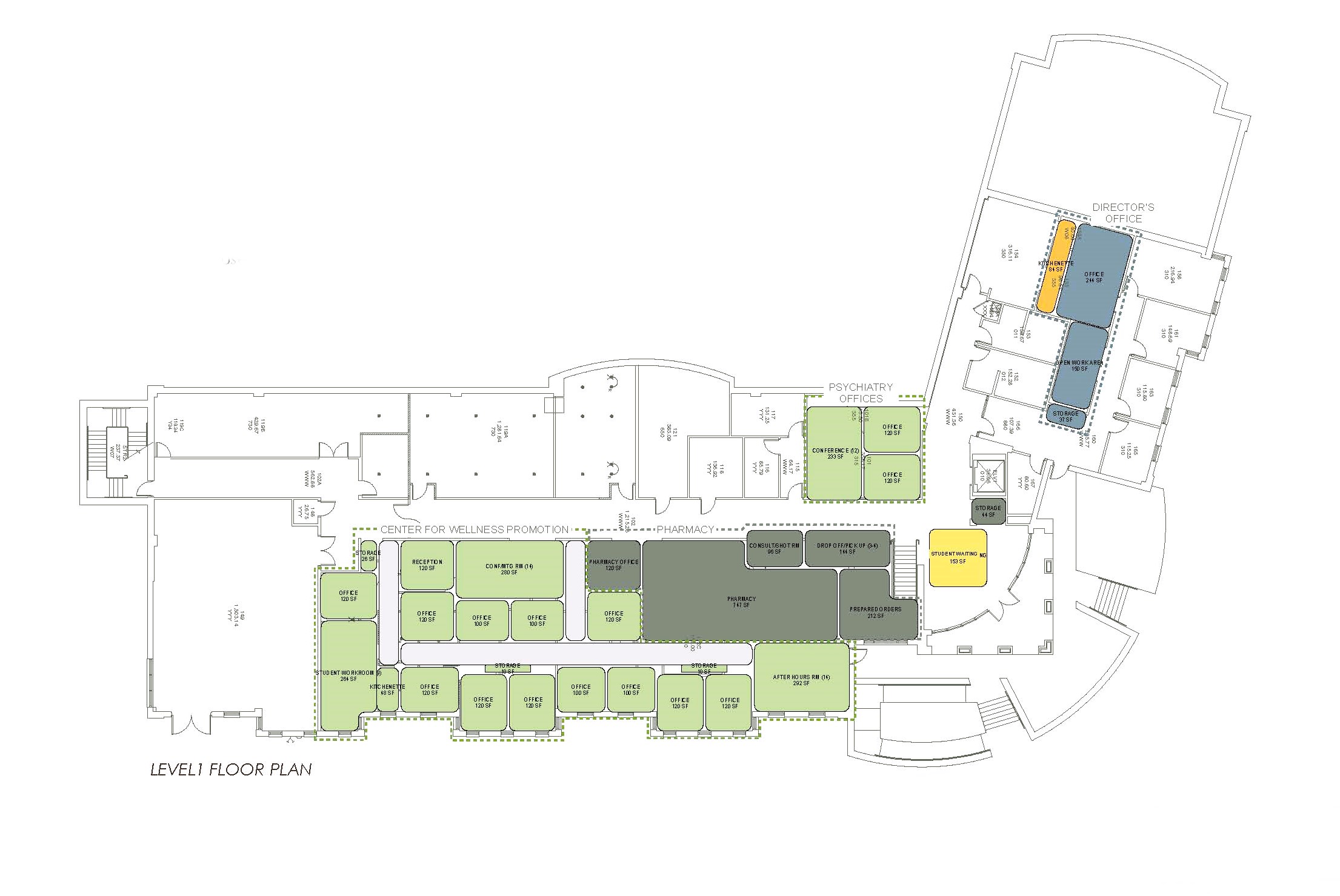 A detailed floor plan of a student health center featuring psychiatry offices, the director's suite and a Center for Wellness Promotion.