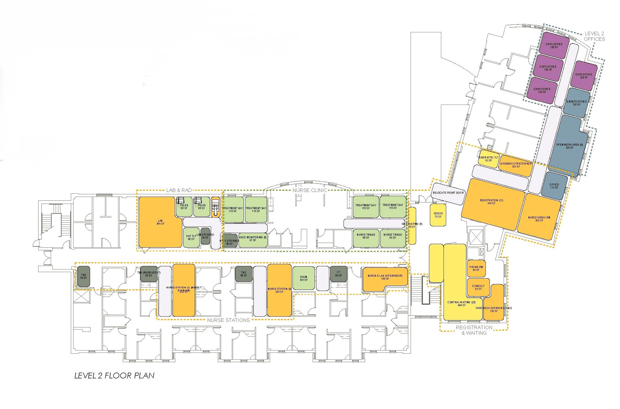 A detailed floor plan of a student health center featuring a Laboratory and Radiology suite, alongside a nurse’s clinic with triage stations and treatment bays.