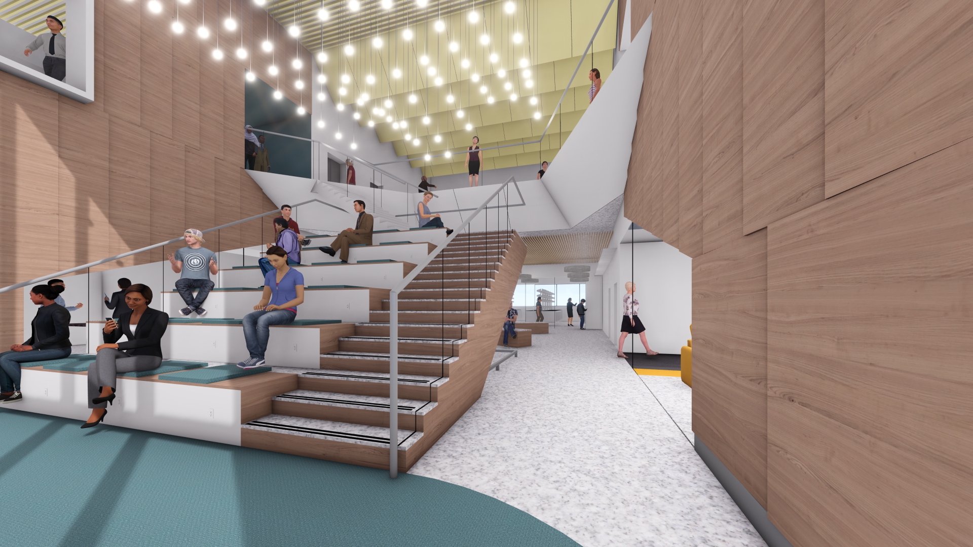 Interior rendering of the University of South Florida Visitor Welcome Center with a grand stairway that has areas of seating in the center and modern lighting.