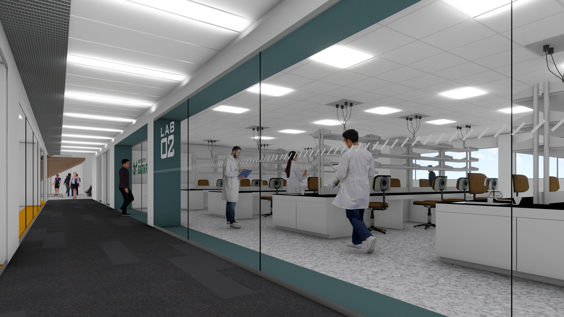 An interior rendering of a laboratory with glass walls shows lab technicians in white coats working inside.