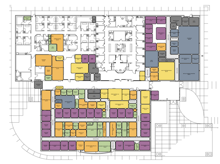 A colored floor plan of a health center, which includes women’s health, internal medicine, pediatrics, a food pantry, a nurse's station, labs, open check-in and more.