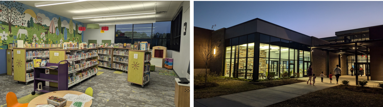 Two images side by side. On the left, an interior shot of a modern library, with gray and green patchwork carpeting, a colorful accent wall, contemporary lighting and a circular table with an orange chair. On the right, an exterior shot of a modern library at night with contemporary glass windows, with visitors entering.