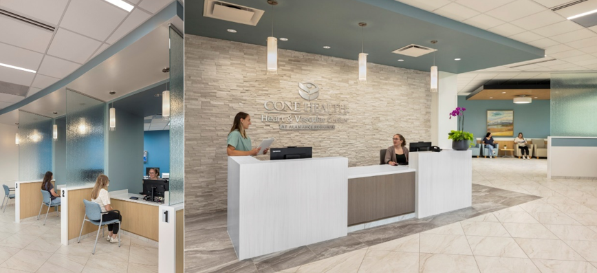 Two pictures, sides by side. On the left, check-in desks at a cardiac care facility with contemporary light fixtures above. On the right, the front reception desk, with two staff members standing in front of a warm ledgestone wall.