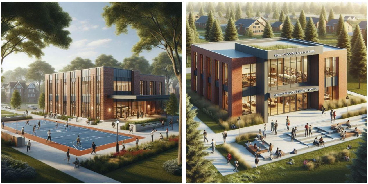 Two images side by side. On the left, a conceptual rendering of a student wellness center with a basketball court and brick exterior. On the right, another rendering of a wellness center from the front of the building, with storefront glass windows and pedestrians walking around the main entrance.