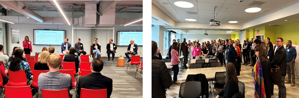 Two images side by side. Left Image: At a recent gathering, experts from Atrium Health and Duke Energy discussed carbon neutrality in medical settings. The room has red chairs and gray carpeting. Right Image: AMFP Charlotte members received an exclusive tour of Novant Health's new outpatient facility, which has lime green walls and gray carpeting.