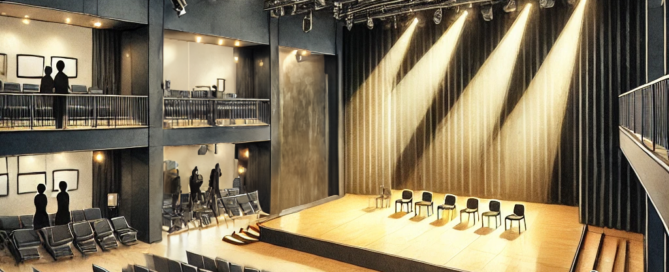 A rendering of a theater with a stage and seating in front of the stage and enclosed seating against the walls for Ossining's theater space