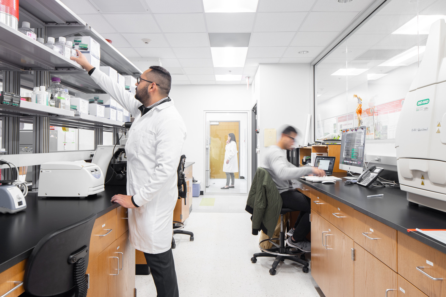 In a higher education lab, a researcher in a white lab coat reaches for supplies on a high shelf, while another works at a desk with a computer. The space is modern and well-organized, equipped with lab instruments and a view into an adjacent lab area.