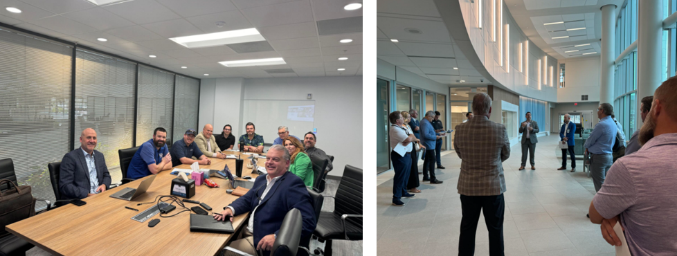 Two images side by side. Left Image: A board of directors sitting in a conference room with gray walls and a wood table. Right Image: Visitors tour the AdventHealth Riverview Hospital. The lobby is white with large storefront windows and contemporary lighting.