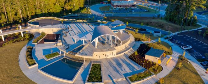 aerial view of Suwanee Town Center on Main and DeLay Nature Park in Suwanee, GA