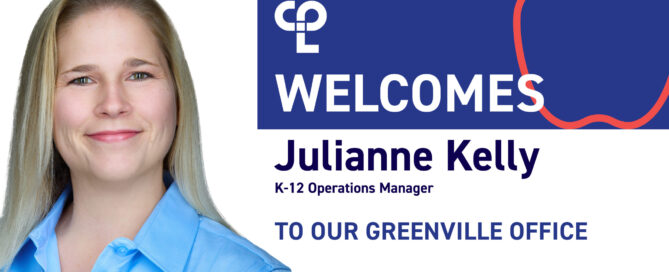 A professional headshot of Julianne Kelly smiling, with the text "CPL Welcomes Julianne Kelly" displayed alongside her title, "K-12 Operations Manager," on a blue and white background.