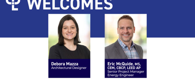 Debora Mazza, an Architectural Designer, and Eric McQuide, MS, CEM, CBCP, LEED AP, Senior Project Manager and Energy Engineer, are featured side-by-side with the CPL logo and the text "Welcomes to Our New York Office" on a blue and white background.