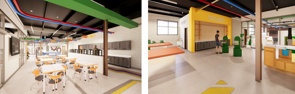 Two pictures side by side. On the left, a 3D rendering of a colorful classroom with student workspaces, a wall-mounted TV and bright accent colors including red, green, blue and yellow. On the right, a "toolbox" area with laser engravers, CNC routers and other advanced "workshop" tools. 