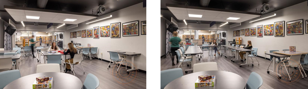 Two pictures side by side. On the left, a student workspace in a K-12 library with different tables for students to work collaboratively or independently. On the right, the same space, but the tables have been moved into a "U" shape for an instructional session.