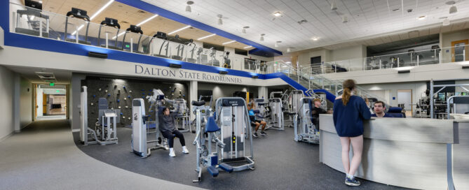 Interior view of the gym area with cardio and strength training equipment at Dalton State's Bandy Recreation Center.