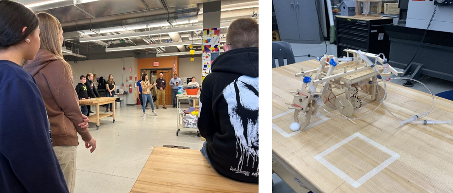 Two pictures side by side. On the left, students gather for a technology competition hosted at the Wellsville Central School District, which invited professionals and academic representatives from local colleges to review student submissions and provide feedback. On the right, a student's robotics submission.