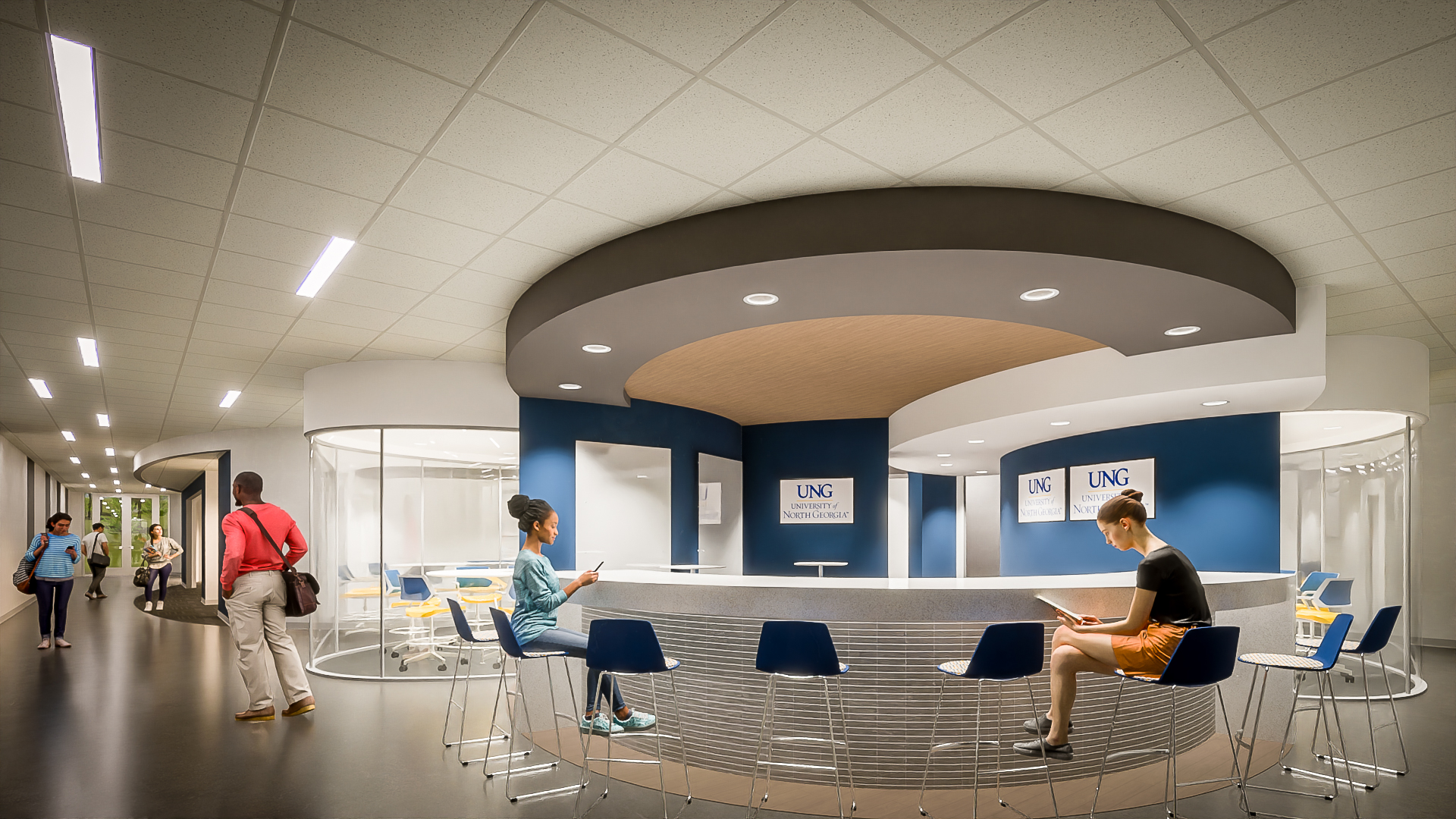 University of North Georgia collaborative space with seating and workstations.