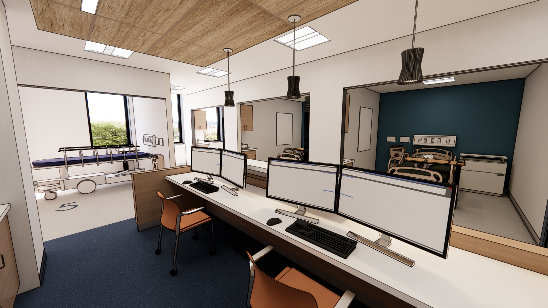 Nurses' station in healthcare training lab at Erie Community College.