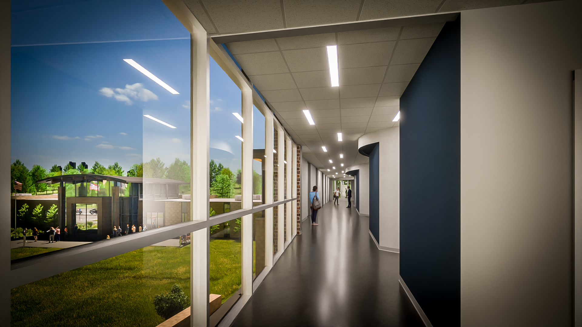 Upper floor hallway at the University of North Georgia with large windows.