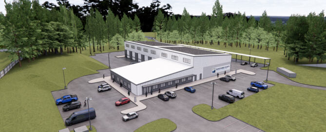 Aerial rendering of Buncombe County Fleet Services Facility showcasing sustainable design, EV infrastructure readiness, and potential energy incentive applications.
