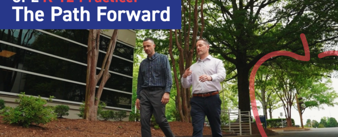 Image shows two men walking down a tree-lined path in conversation. In the top left it reads "CPL K-12 Practice: The Path Forward"