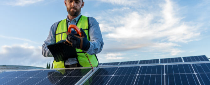 Technician inspecting rooftop solar panels with a clamp meter and tablet, representing how energy incentives support the implementation and maintenance of renewable energy systems.