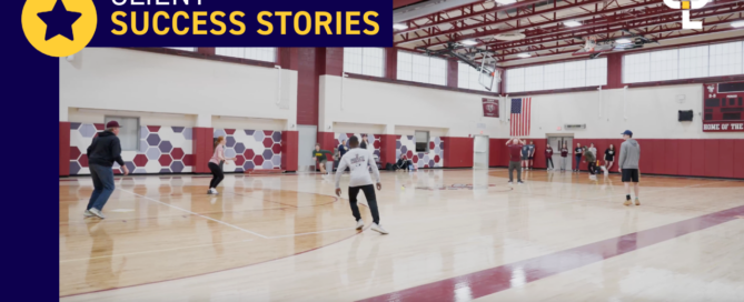 Graphic shows an image of kids playing in a high school gym. the top left corner reads "Client Success Stories" with a CPL yellow medal. On the bottom it reads "Byron-Bergen Central School District"