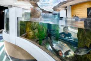 R21_14773_01_N5 Kids looking into a uniquely shaped fish tank with plants, rocks and sea life, under a bright strip of ceiling lighting in the pattern of ocean water.