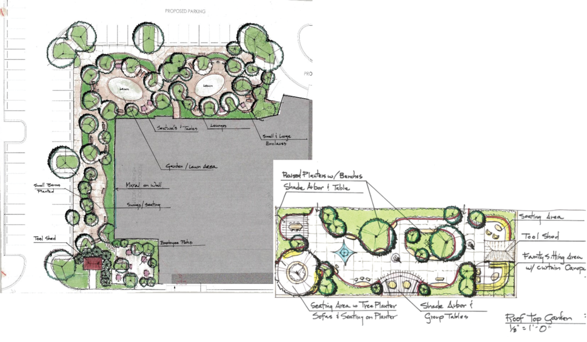 Early schematic designs detailing the center’s ground floor and healing gardens.