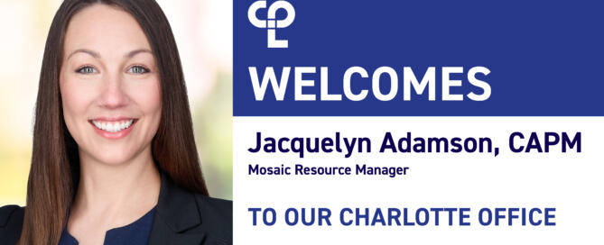 A graphic showing the headshot of a white woman with long, brown hair smiling, she is wearing a blue blouse with a dark blazer. On the right it reads "CPL welcomes Jacquelyn Adamson, CAPM, Mosaic Resource Manager to our Charlotte office"