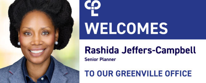 A graphic showing the headshot of a Black woman smiling, she is wearing a light blue blazer and a dark blue button up. On the right it reads "CPL welcomes Rashida Jeffers-Campbell, Senior Planner to our Greenville office"