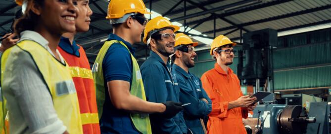 Group of diverse public works employees wearing hard hats and safety gear, standing together in a facility with industrial equipment and smiling during a team briefing.