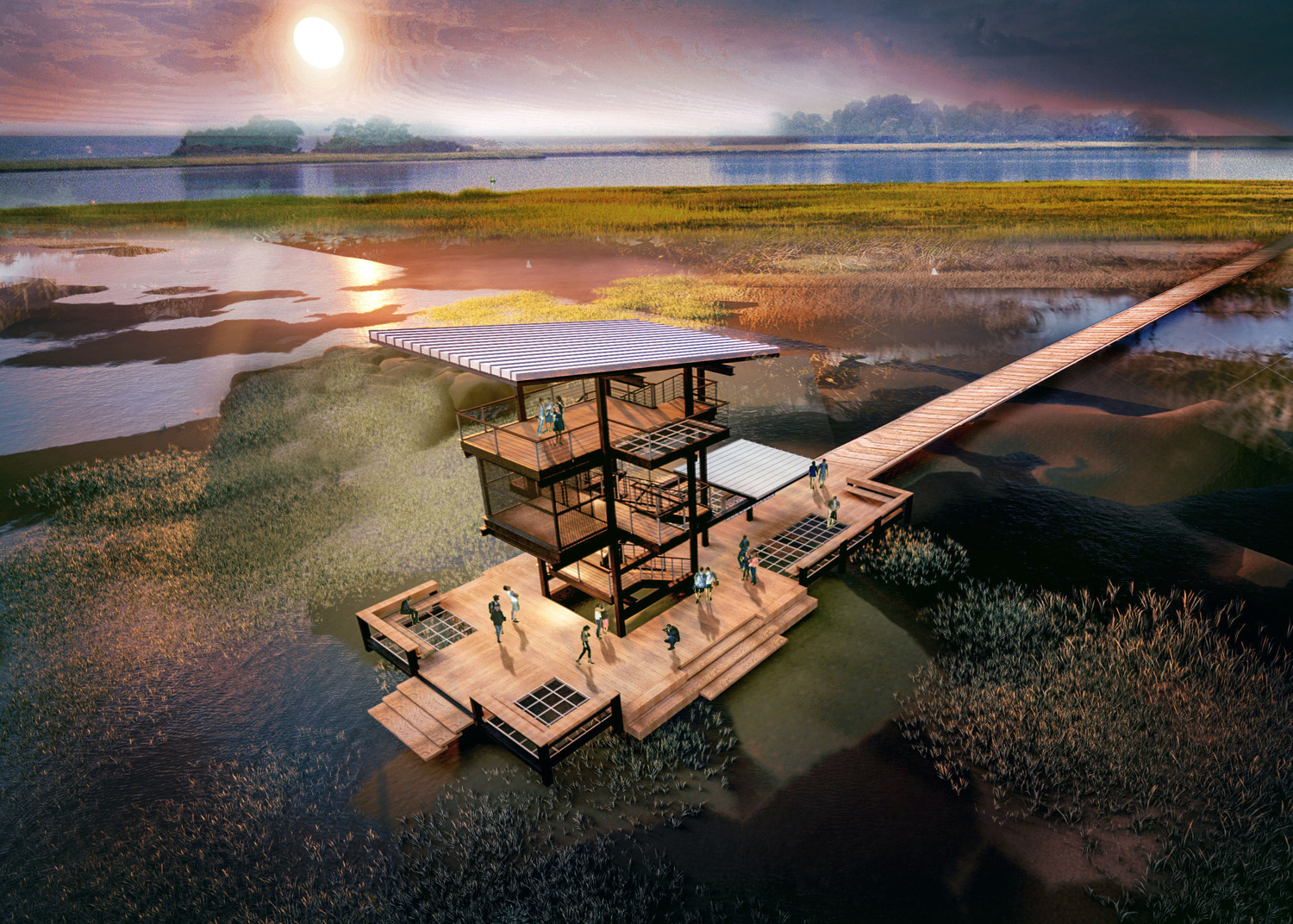A modern wooden platform with a pavilion sits over marshland under a dramatic sunset sky. People walk along a pathway leading to the structure, conveying tranquility.