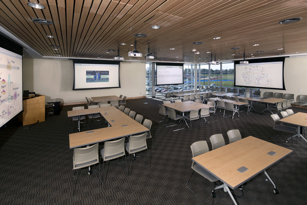CMW_2015_002_N18_medium A spacious classroom with projector pulldowns along each wall and groupings of tables and chairs.