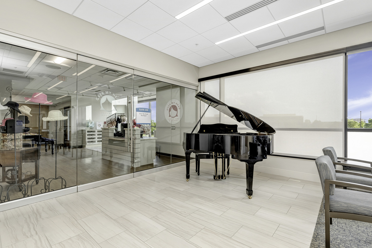 Dublin Cancer Center gift shop with large glass walls and a piano out front