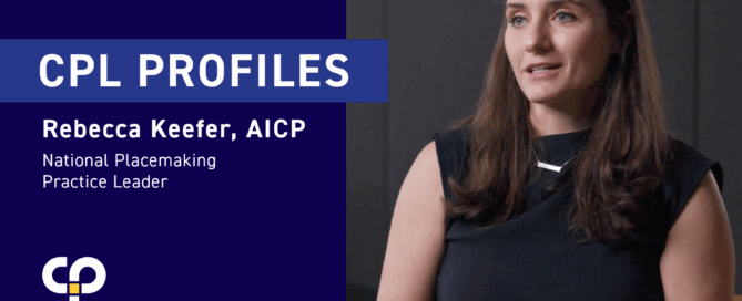 title card for Rebecca Keefer's profile video. On the right is an image of Rebecca Keefer, a woman with long brown hair. On the left it reads "CPL Profiles Rebecca Keefer, AICP National Placemaking Practice Leader"
