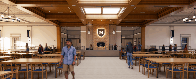 Rendering of Mercersburg Academy’s renovated Ford Hall dining room with wood-paneled coffered ceilings, skylights, long wooden tables with blue chairs, and a central serving area featuring a brick oven beneath a glowing “M” crest.