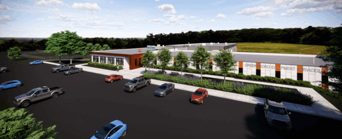 Rendering of the Greensboro Equipment Services building with modern facade, glass front, and surrounding parking lot.