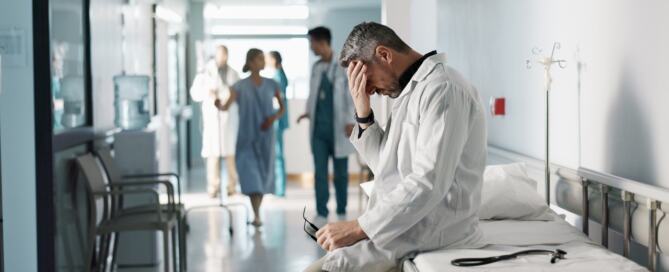 A tired doctor in a white coat sits on a hospital bed, head in hand, holding his glasses, showing signs of stress and healthcare burnout. In the background, blurred medical staff walk through the hospital corridor.