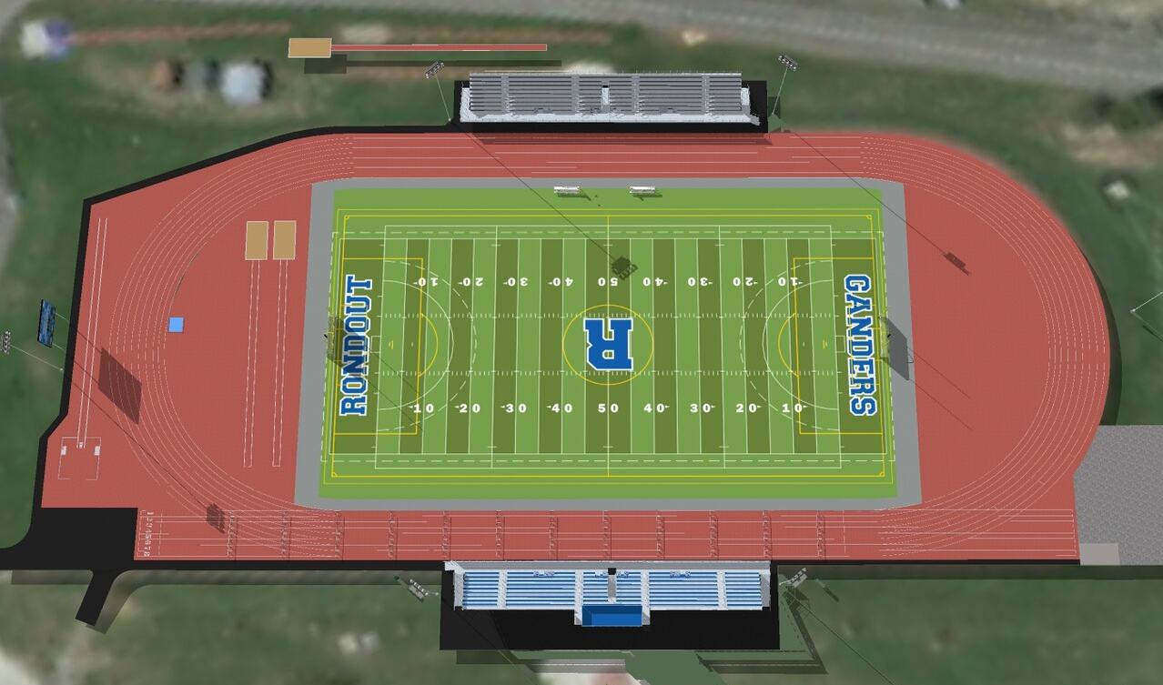 Rendering of Roundout Valley CSD's football field circled by a red track, with "Rondout Ganders" printed in all caps in the end zones.