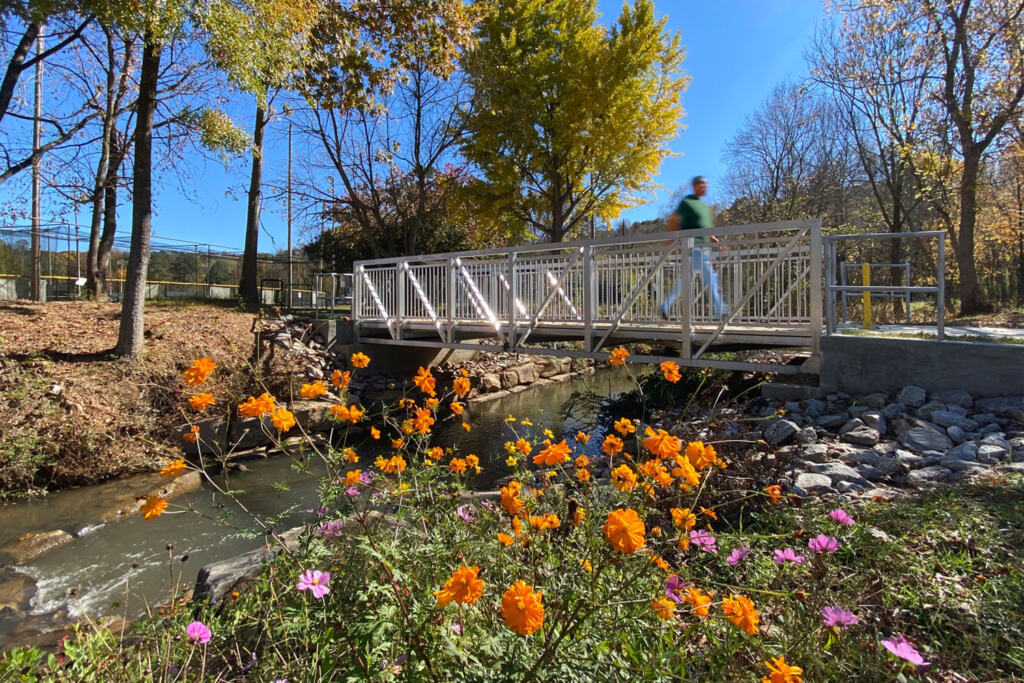 A person walks on a white bridge over a creek at Murphey Candler Park in Brookhaven, Georgia. In the foreground, vibrant orange and pink flowers bloom, surrounded by autumn trees and a clear blue sky.
