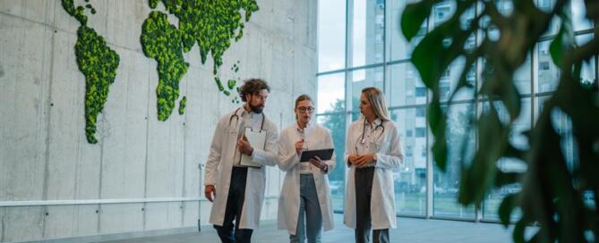 Three medical professionals in white lab coats walking and discussing patient care inside a modern, eco-friendly hospital with a living green world map on the wall.