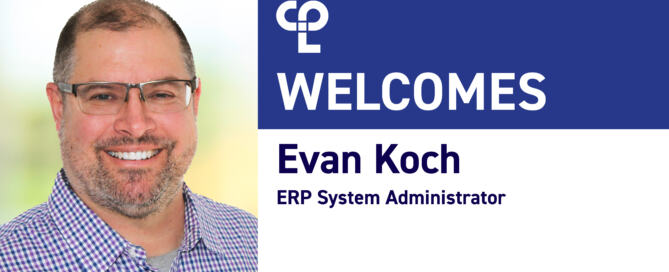A blue-and-white graphic with the CPL logo welcomes Evan Koch, a smiling man in a plaid button-up shirt, to CPL.