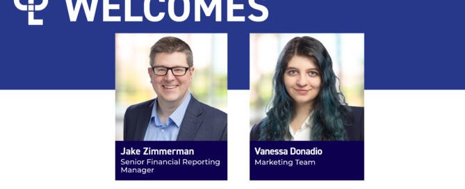 A blue-and-white graphic with the CPL logo welcomes Jake Zimmerman and Vanessa Donadio to CPL, with a headshot of each person in business-casual dress.