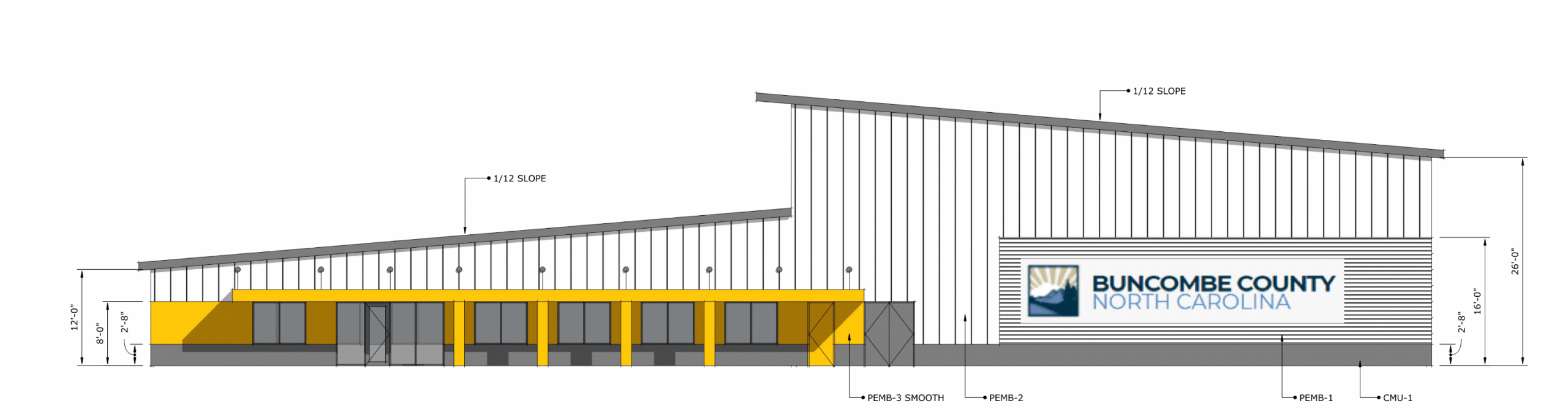 Diagram of Buncombe County Fleet Services Complex from the side with measurements written in.