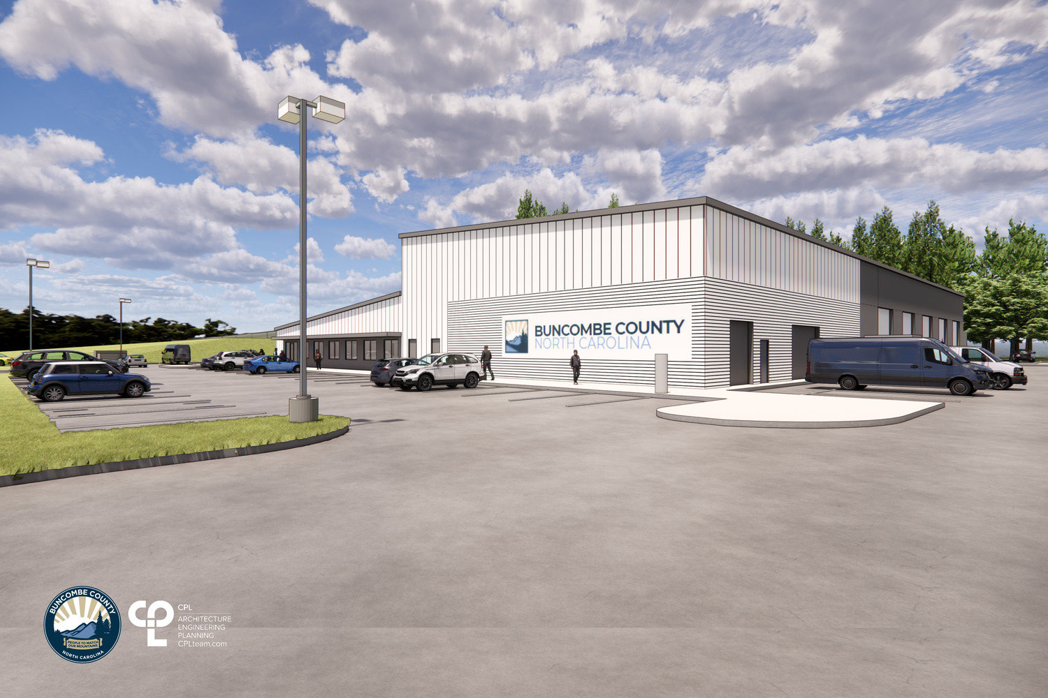 Rendering of Buncombe County Fleet Services Complex front parking lot and signage on the side of the building reading "Buncombe County, North Carolina".