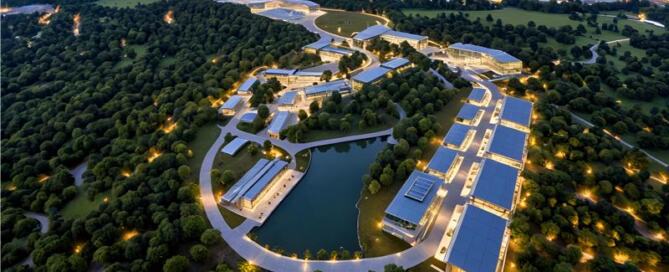 Aerial rendering of nighttime view at Wake Forest Baptist School of Medicine campus layout within dense greenery. Buildings and street lighting are scattered along winding roads, with small ponds and open grassy areas throughout.