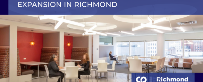 CPL office space with modern white lighting and tables, people seated and conversing. Text overlay: "CPL in the Spotlight: Powering VEDP's Expansion in Richmond." Richmond BizSense logo.