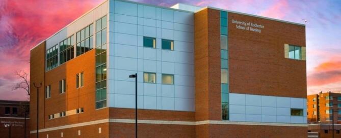 Exterior of building during sunset at University of Rochester School of Nursing, Helen Wood Hall